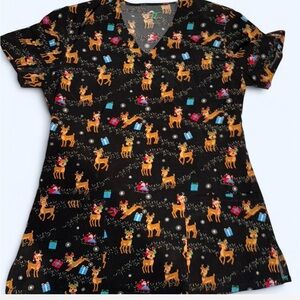 Festive Reindeer Print Scrub Top
